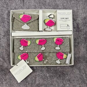 Rachel Zoe 3 Pc Set Beaded Pink Margarita Clutch Card Case Charm NIB